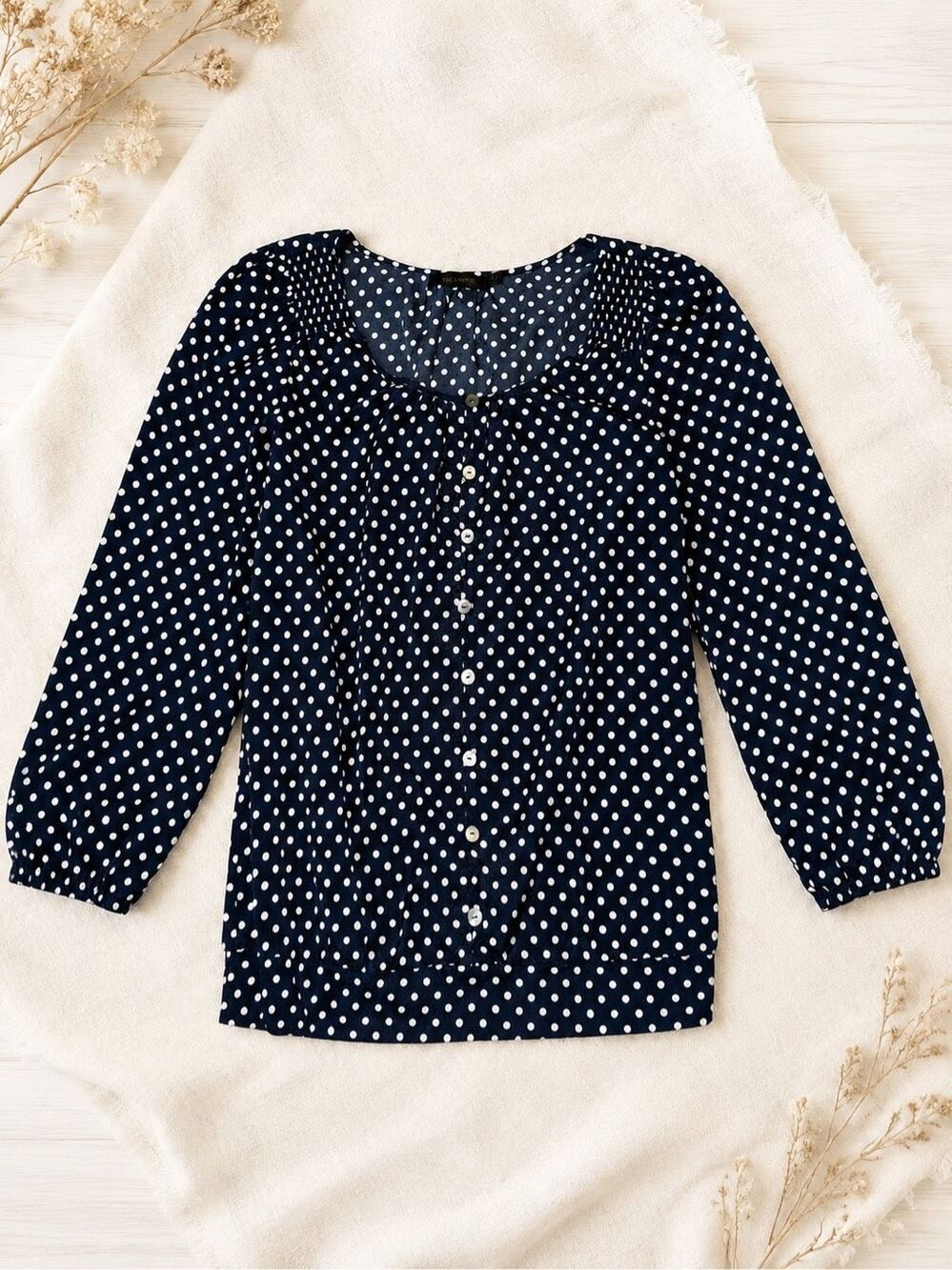 The Limited Women’s M Navy White Polka Dot Smocked Button Front Blouse